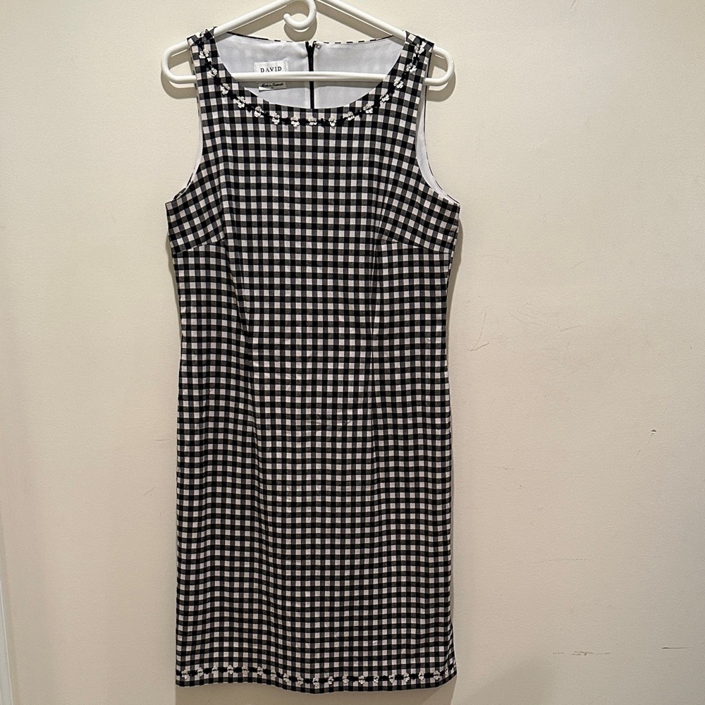 David Warren Black White Gingham Cute Floral Trim Sleeveless Dress Size 12